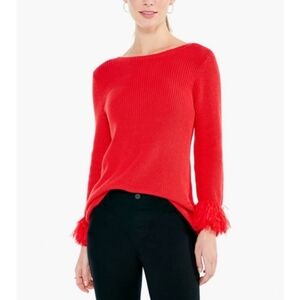 Nic + Zoe red sweater with fringe cuffs